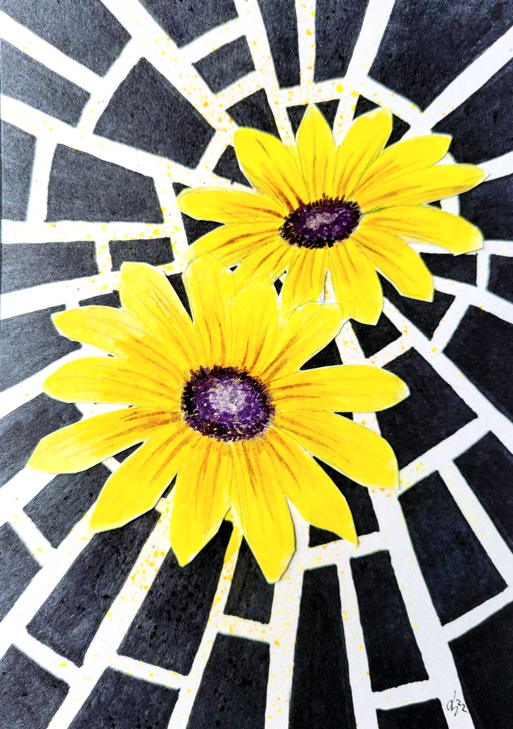 A painting of a yellow flower on a shattered background