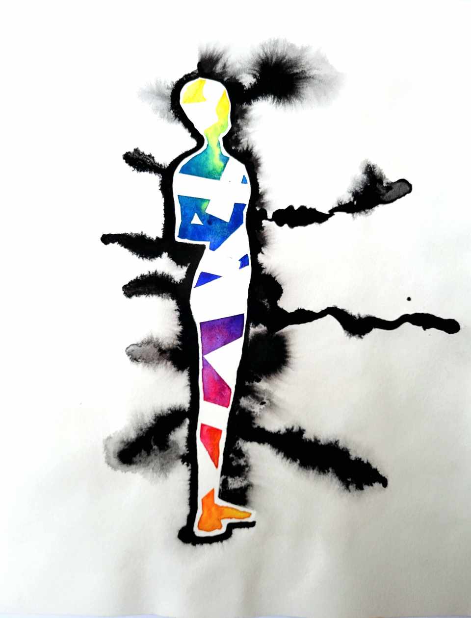 A watercolor silhouette in multiple colors with a black outline around her