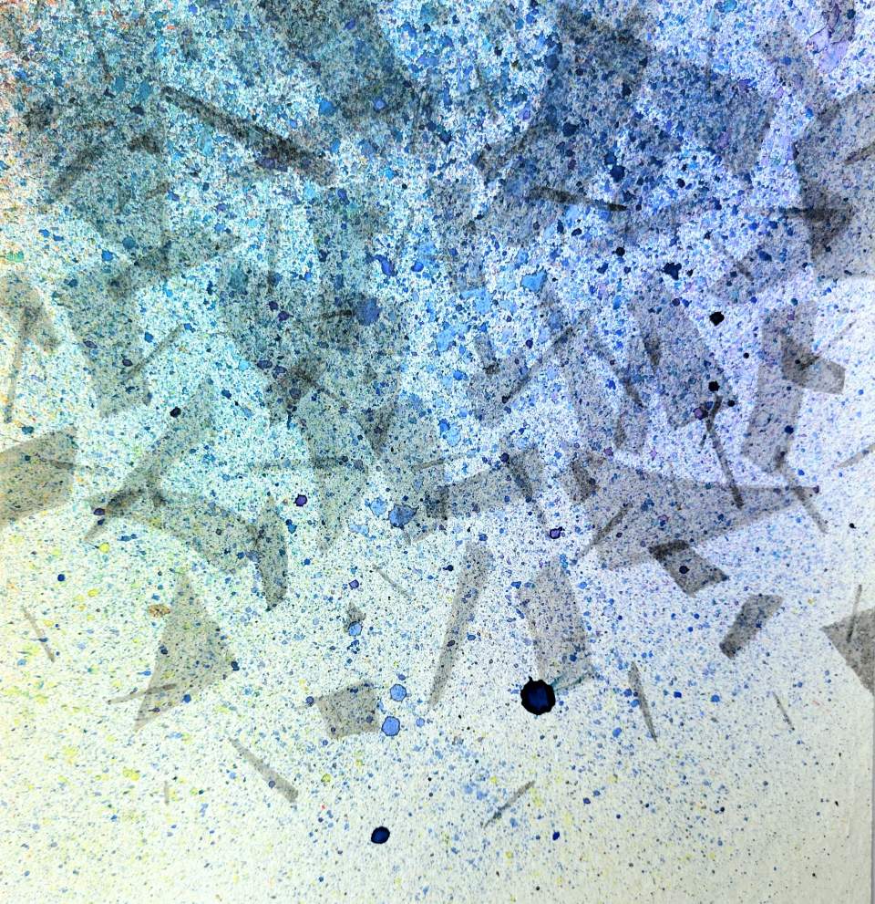An abstract watercolor in blue with a pattern of broken glass overlaid on it
