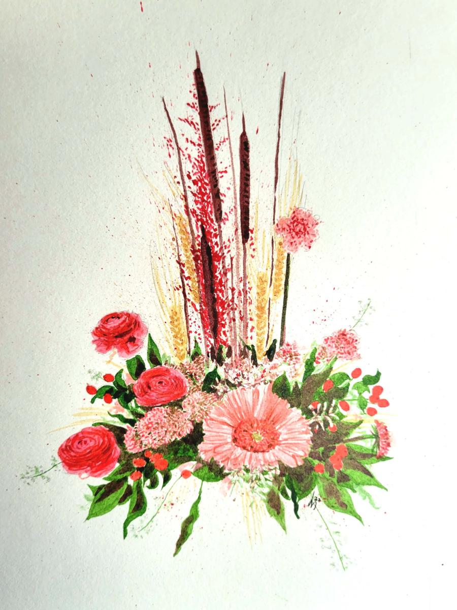 A painting of a bouquet of pinkish red flowers