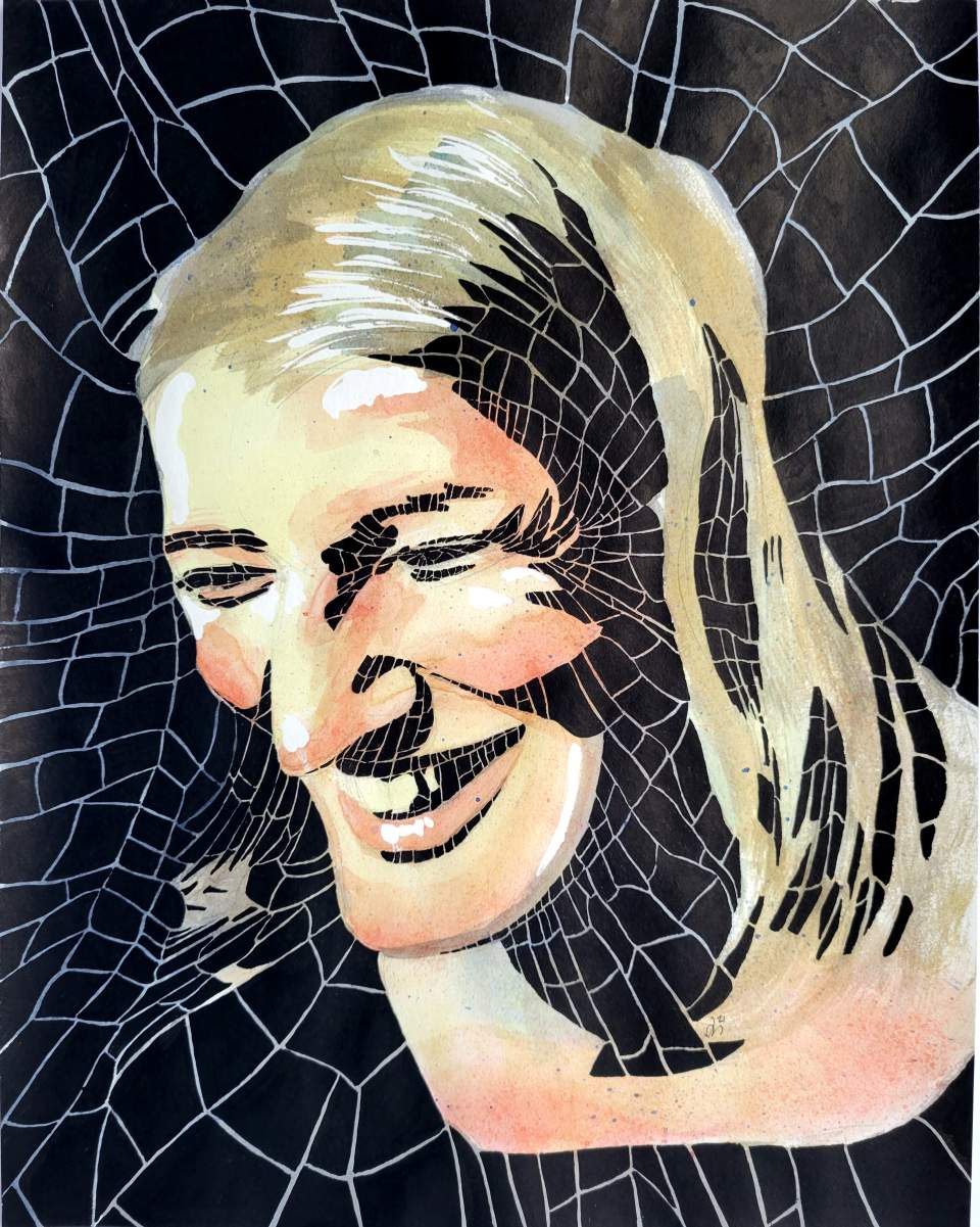 An India ink painting of a young woman with shattered shadows