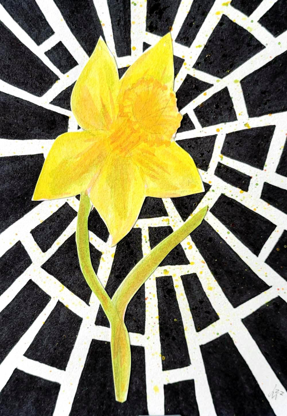 A painting of a daffodil on a shattered background