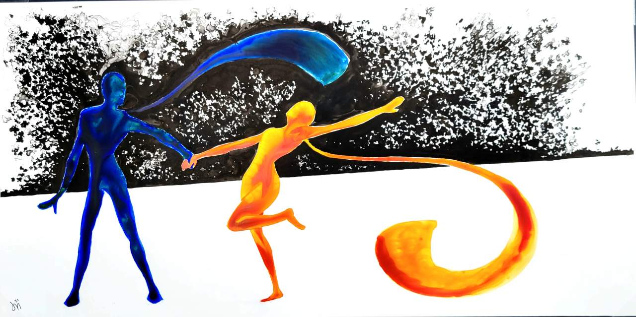 An India ink painting of two figures dancing