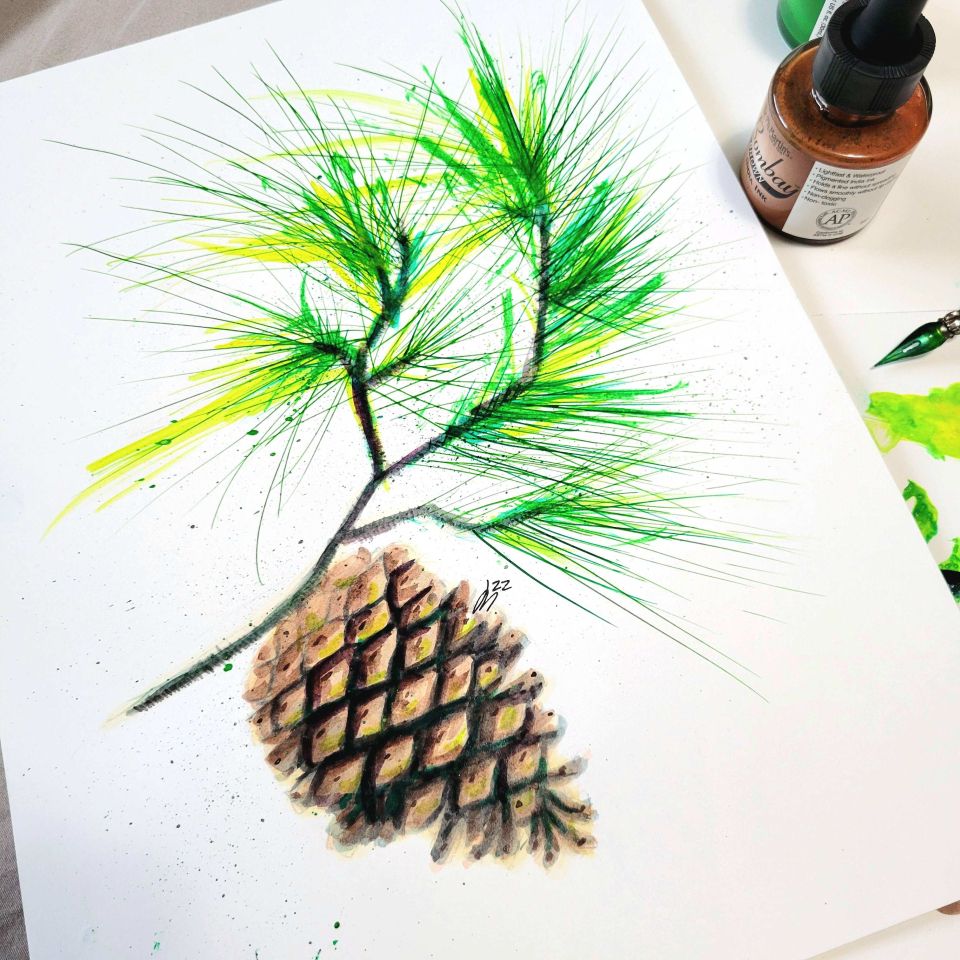 A painting of a pine cone on a pine branch. The brushstrokes are bold, in bright yellows and greens with deep blue shadows, and the pinecone's segments follow the fibonacci spiral pattern.