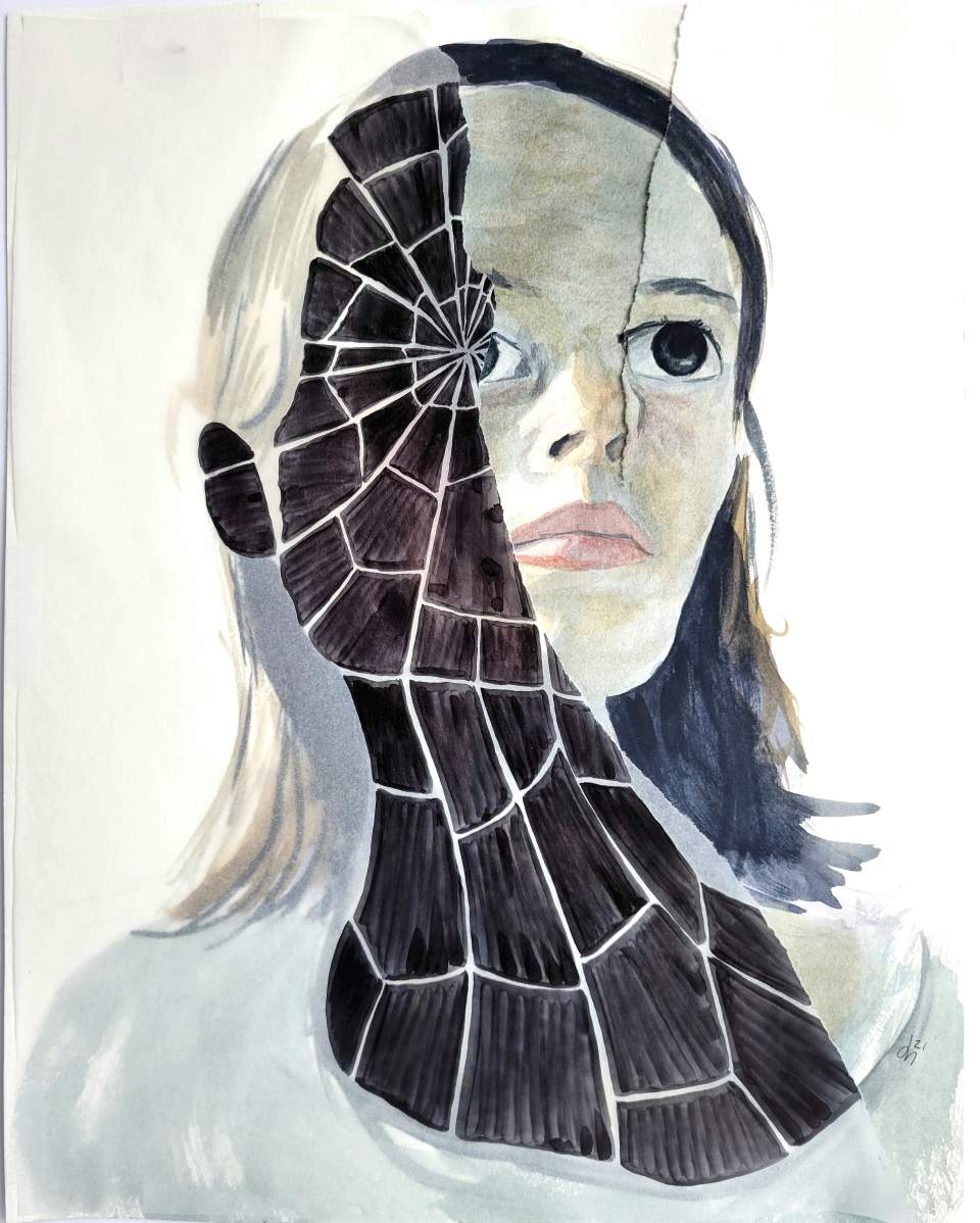 A watercolor painting of a young woman whose face is half-concealed by a shatter pattern