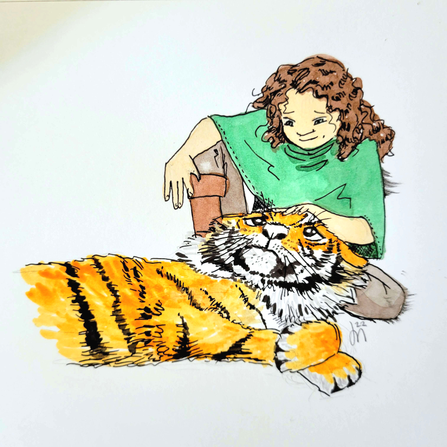 A painting of a young woman petting a tiger
