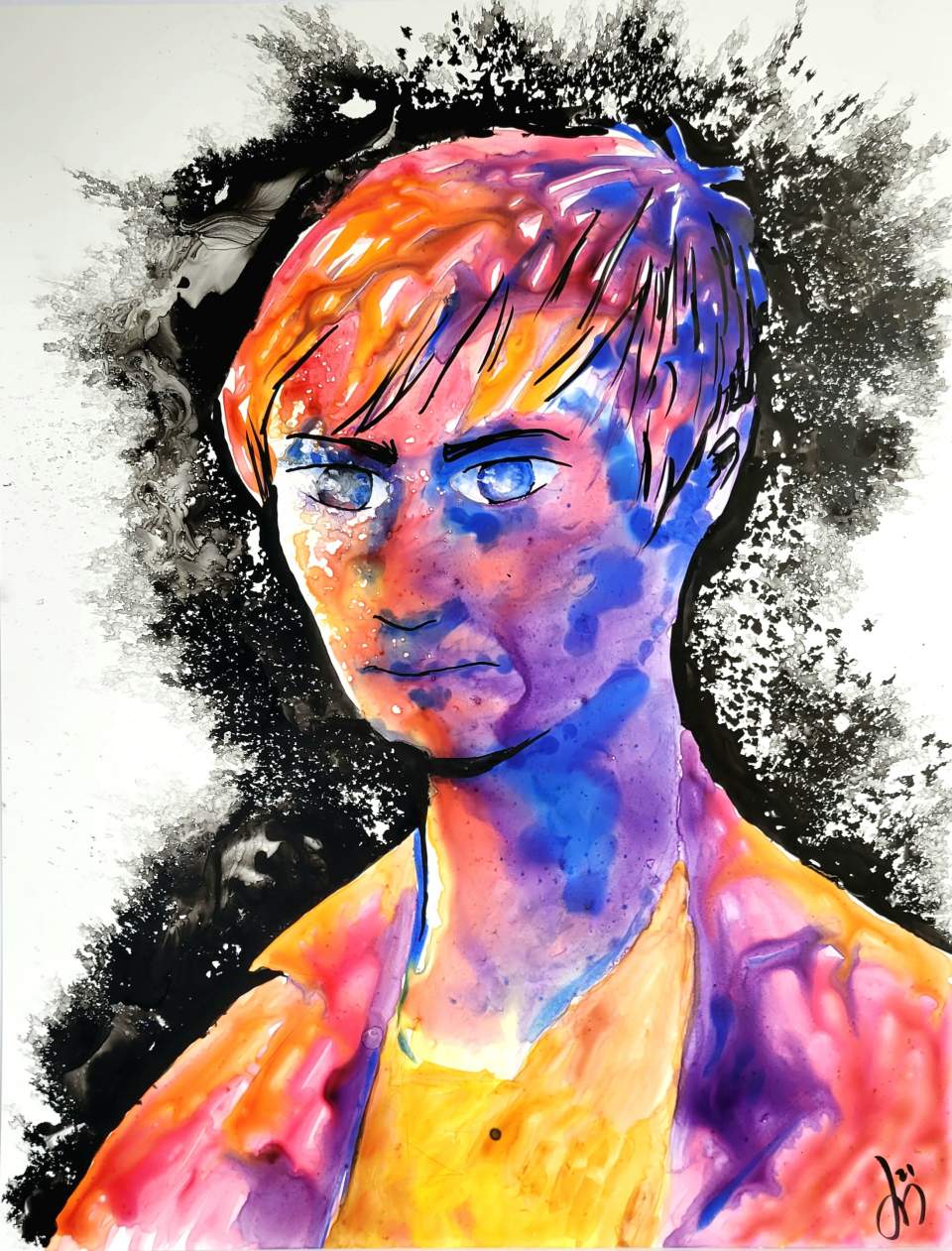 An India ink painting of a serious young man named Jarock