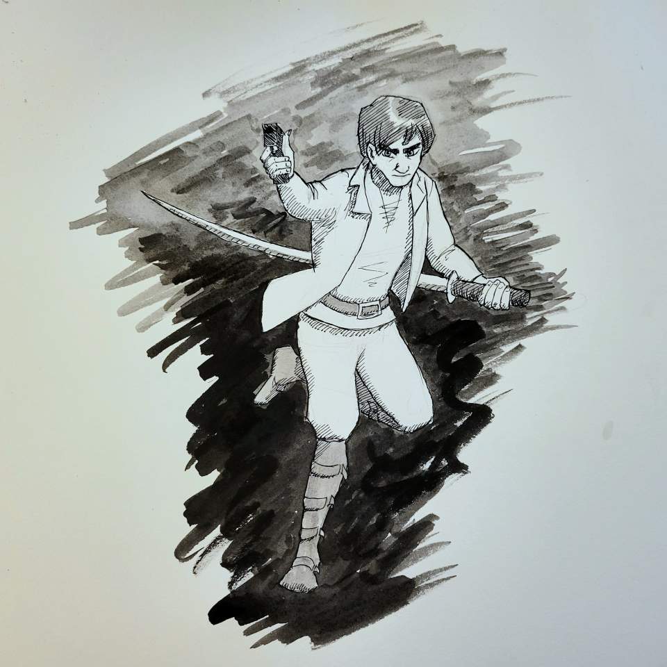 An India ink painting of a young man named Jarock going into battle
