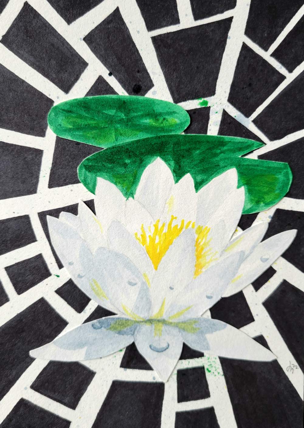 A painting of a lotus on a shattered background