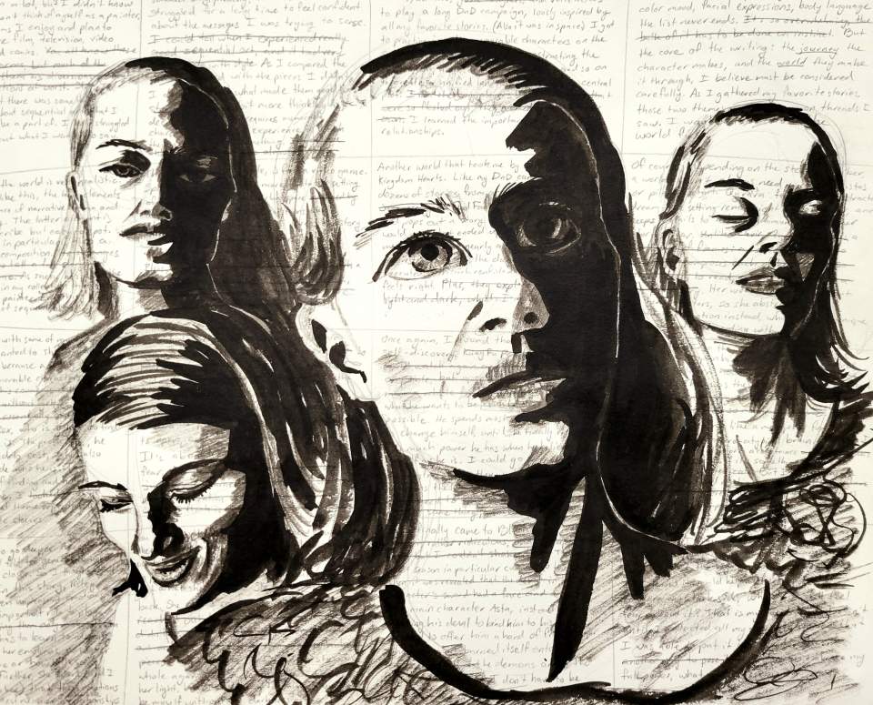 An India ink self-portrait concealing parts of a journal entry
