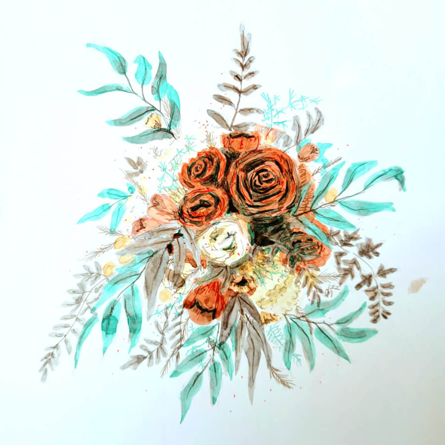 A painting of a bouquet of russet roses