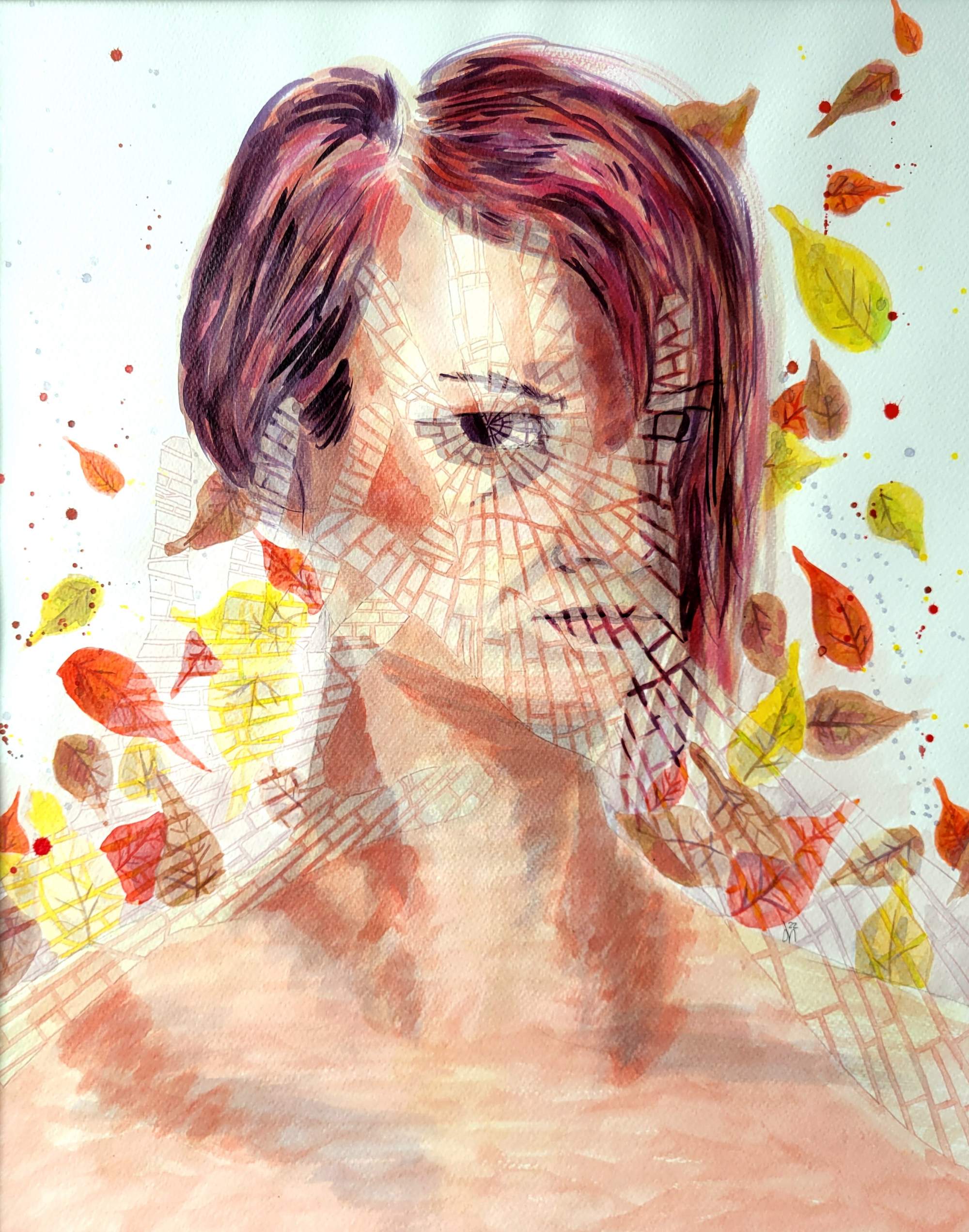 A painting of a woman peering through shattered hands