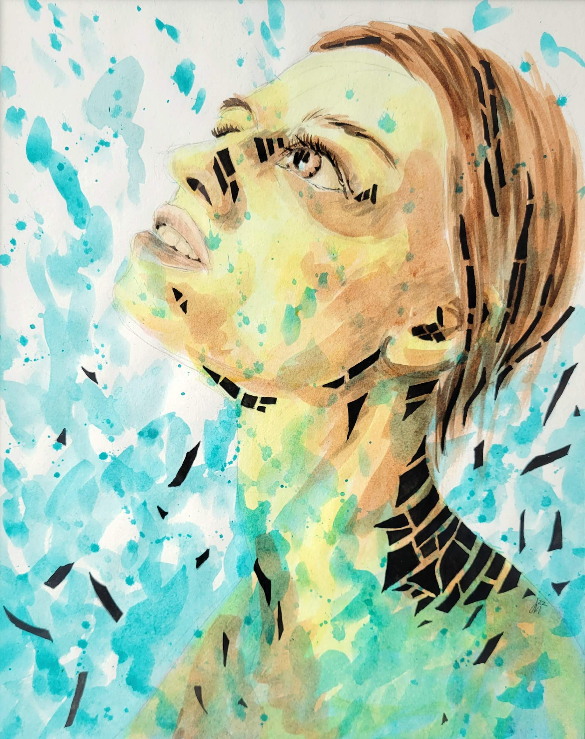 A painting of a woman bursting out of water