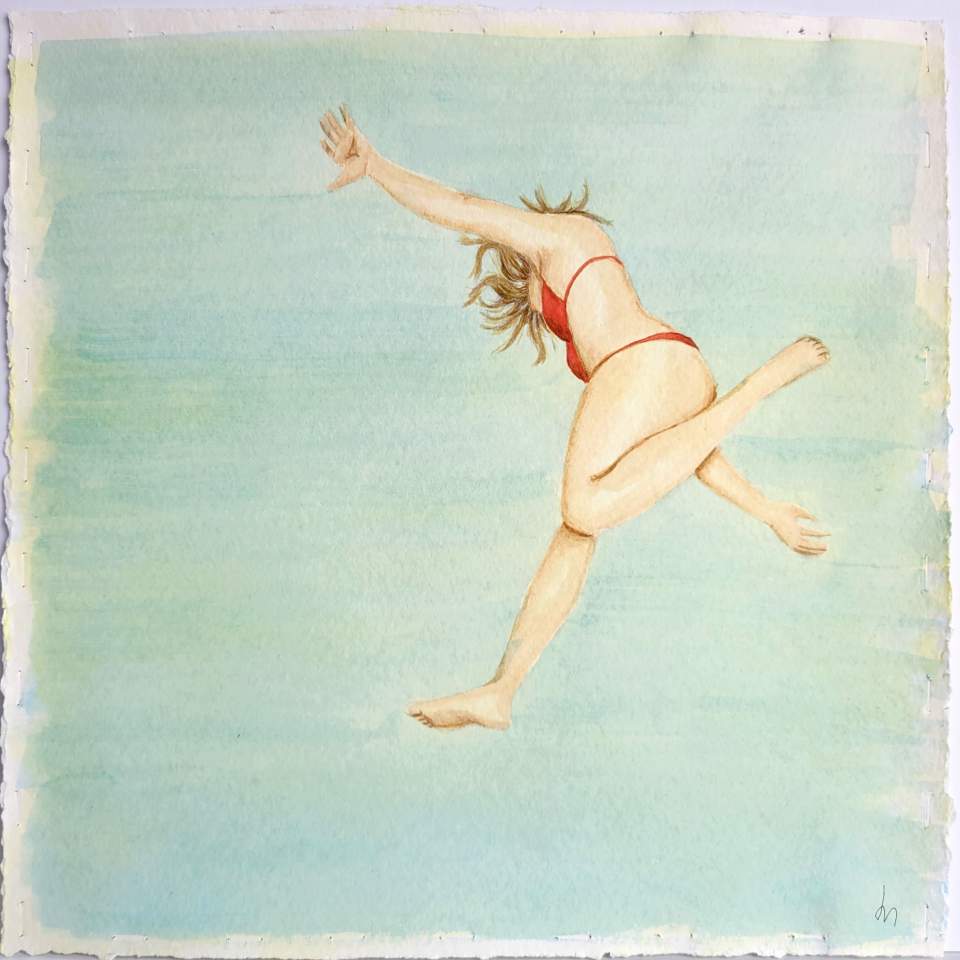 A watercolor painting of a woman leaping into the sky