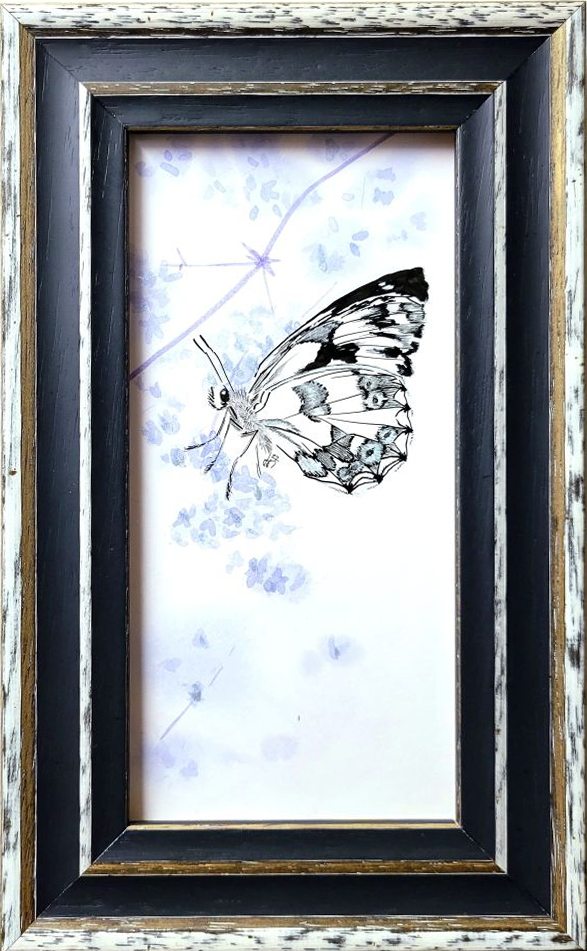A painting of a white butterfly on a spray of blue flowers. There are shiny areas on the wings that catch the light and reflect in hues of purple and green